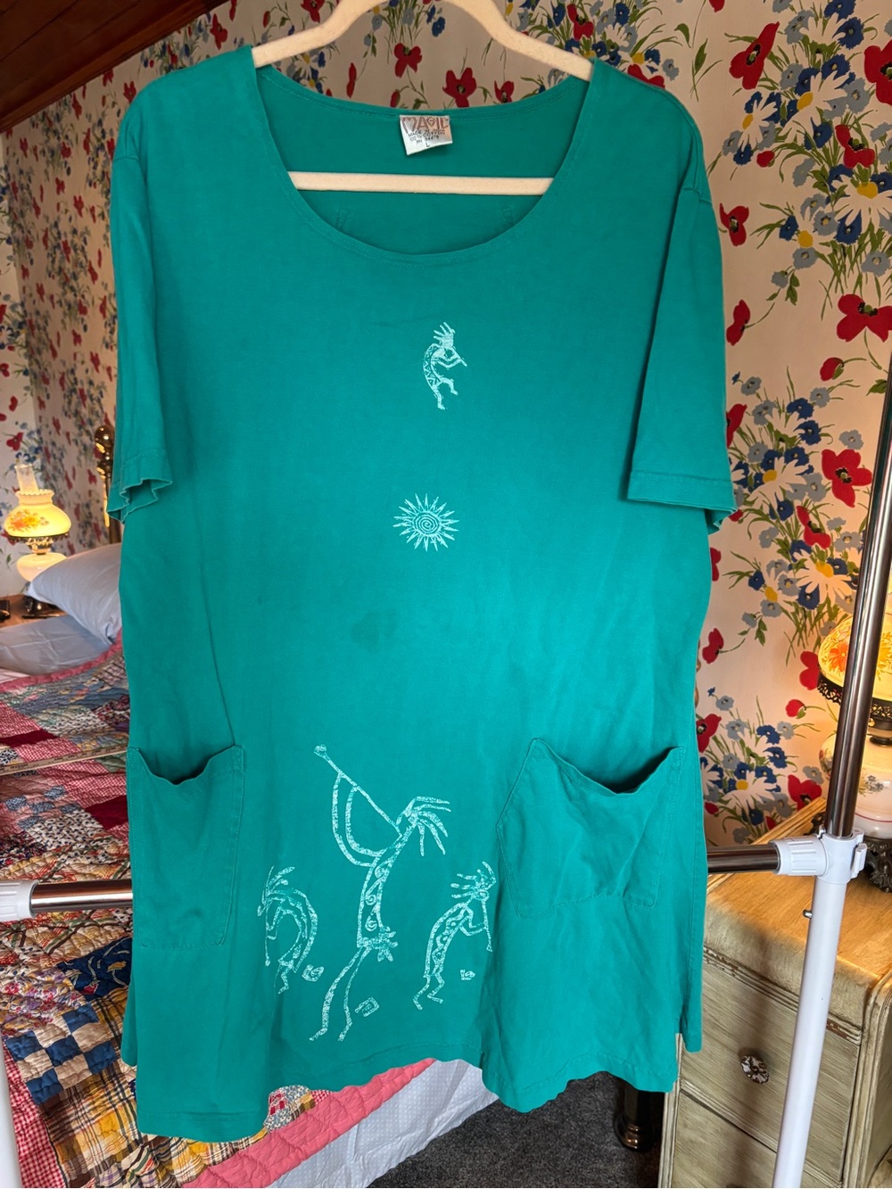 vintage kokopelli dress turquoise southwest boho festival artsy pocket dress L - Picture 1 of 7